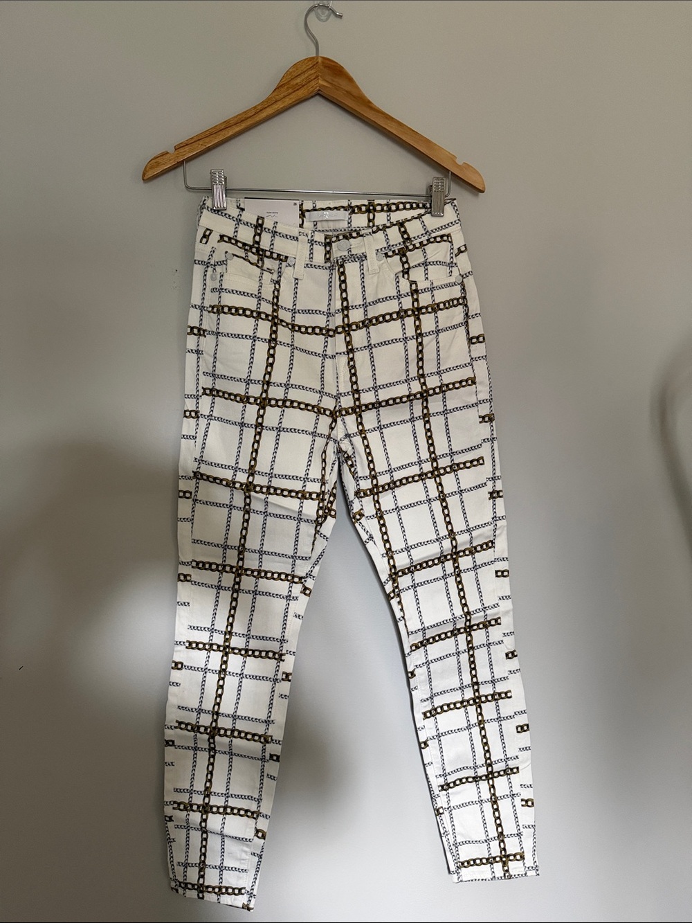 7 For All Mankind White Skinny Pants with Black and Brown Chain Plaid